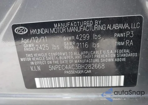 2011 Hyundai Sonata Se from USA, damaged, VIN 5NPEC4AC3BH282668